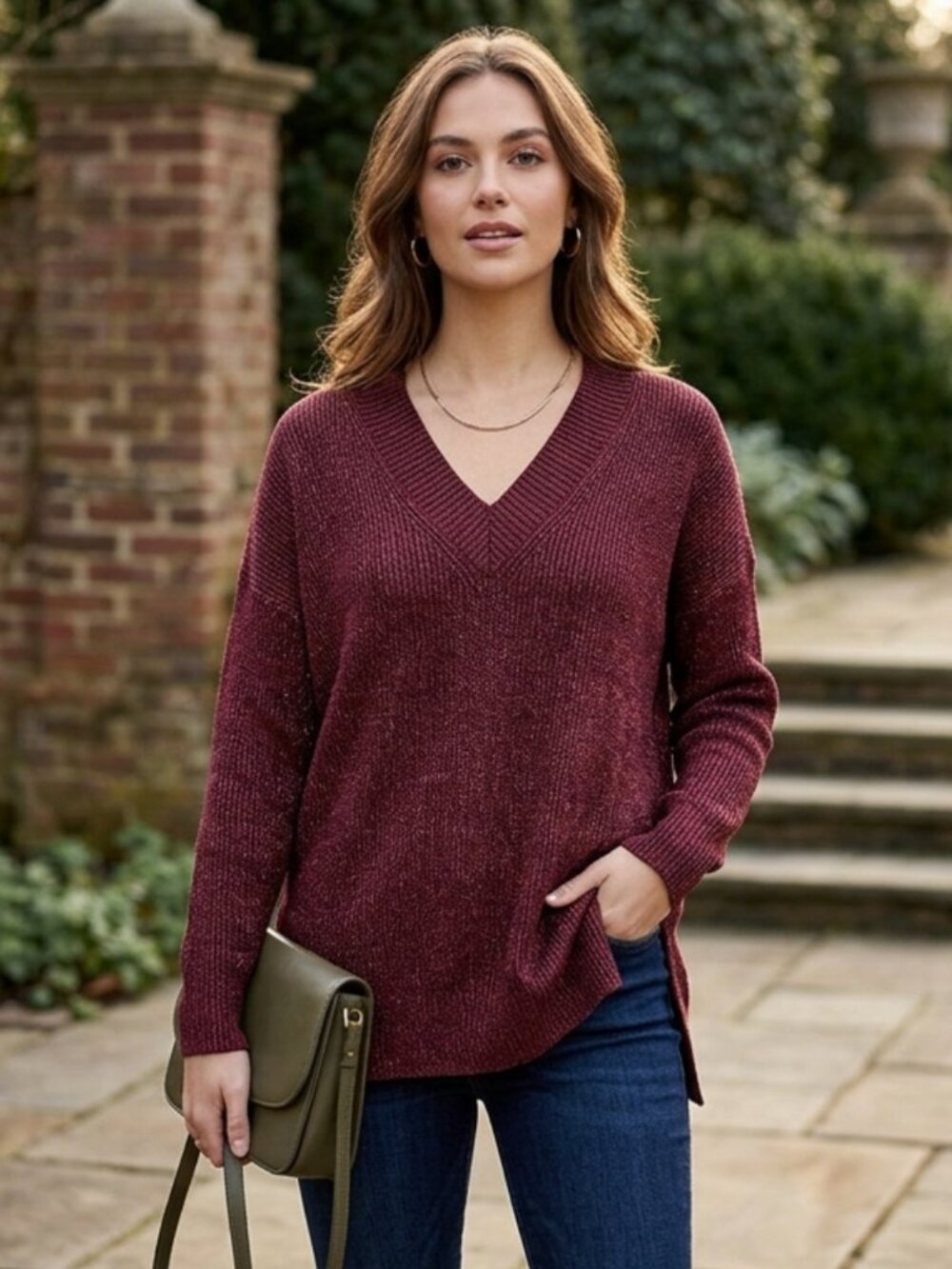 Hilary Radley Burgundy Metallic Knit V-Neck Sweater - Size Medium